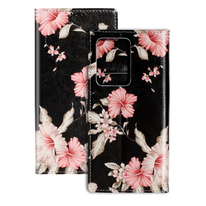 Leren Hoesje voor Samsung Galaxy S20 Plus / S20 Plus 5G Lichtblauw Zwart Design Bloemen