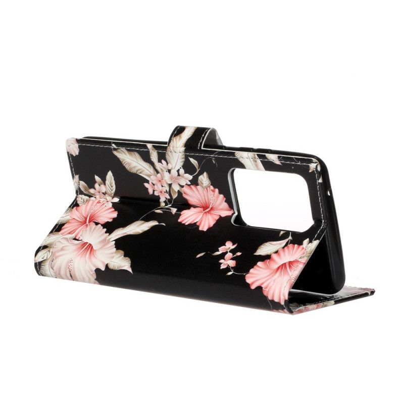 Leren Hoesje voor Samsung Galaxy S20 Plus / S20 Plus 5G Lichtblauw Zwart Design Bloemen