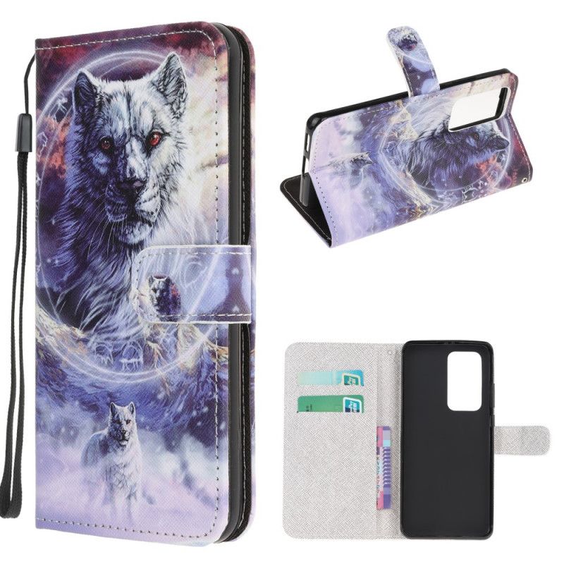 Leren Hoesje Xiaomi Mi 10T / 10T Pro Wolf In De Winter Met String