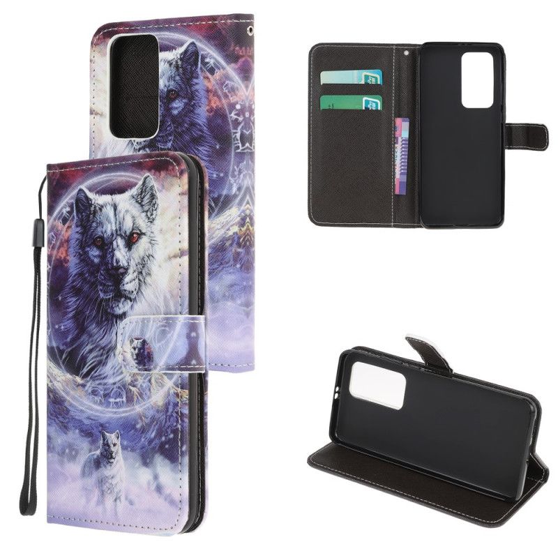 Leren Hoesje Xiaomi Mi 10T / 10T Pro Wolf In De Winter Met String