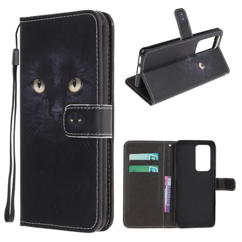 Leren Hoesje Xiaomi Mi 10T / 10T Pro Zwarte Kattenogen Met String