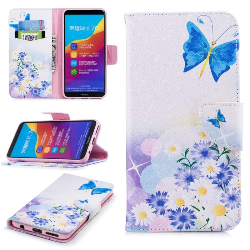 Flip Case Leren Huawei Y7 2018 Lichtblauw Geschilderde Vlinders En Bloemen