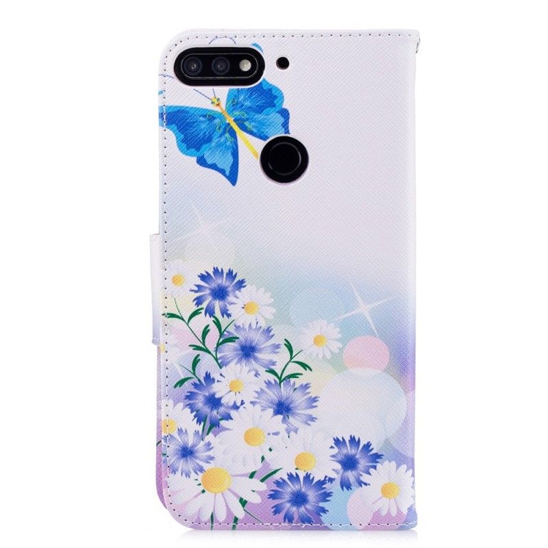 Flip Case Leren Huawei Y7 2018 Lichtblauw Geschilderde Vlinders En Bloemen