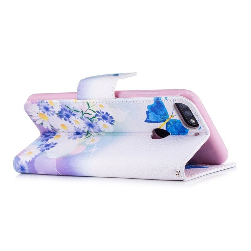 Flip Case Leren Huawei Y7 2018 Lichtblauw Geschilderde Vlinders En Bloemen