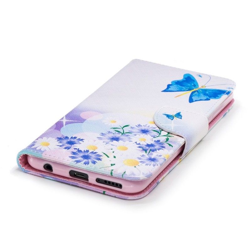 Flip Case Leren Huawei Y7 2018 Lichtblauw Geschilderde Vlinders En Bloemen