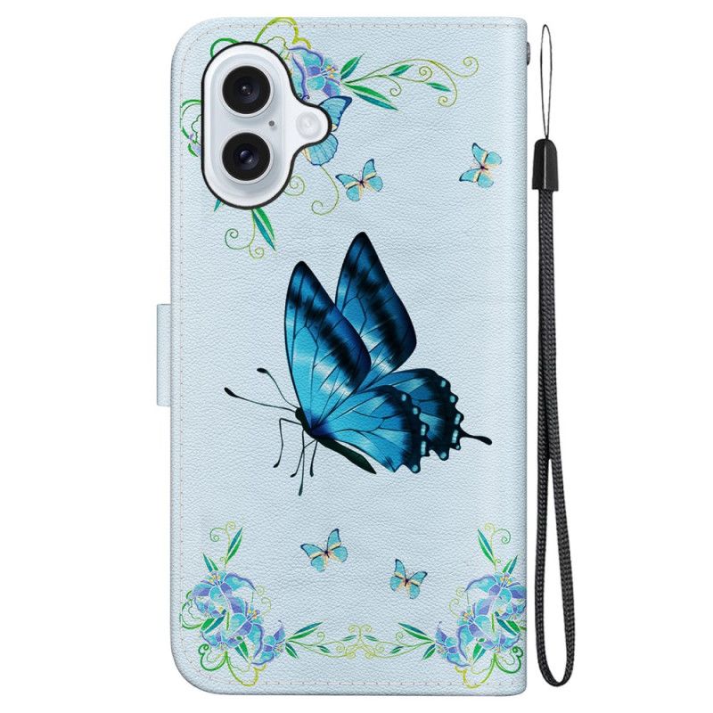 Flip Case Leren iPhone 16 Plus Blauwe Vlinders En Bloemen Met Riempje