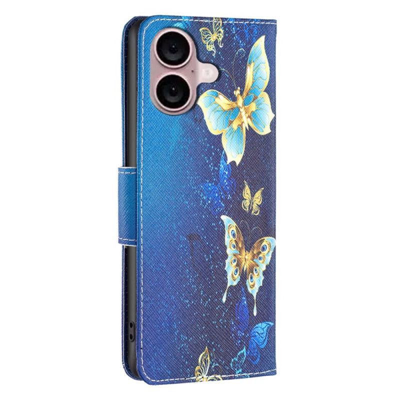 Flip Case Leren iPhone 16 Plus Gouden Vlinders