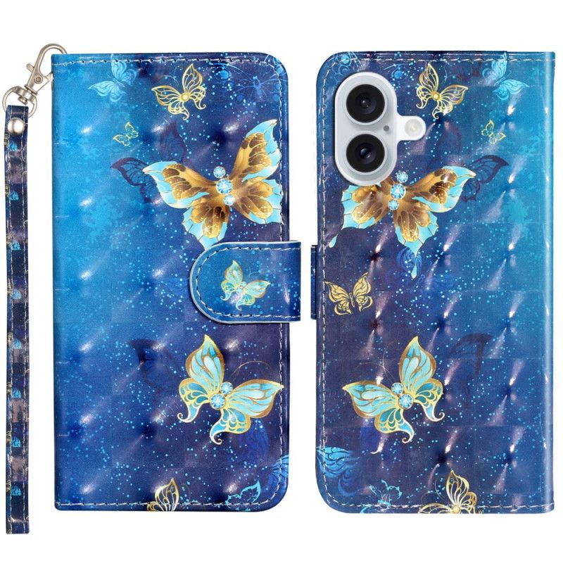 Folio-hoesje iPhone 16 Plus Blauwgouden Vlinders Met Riem