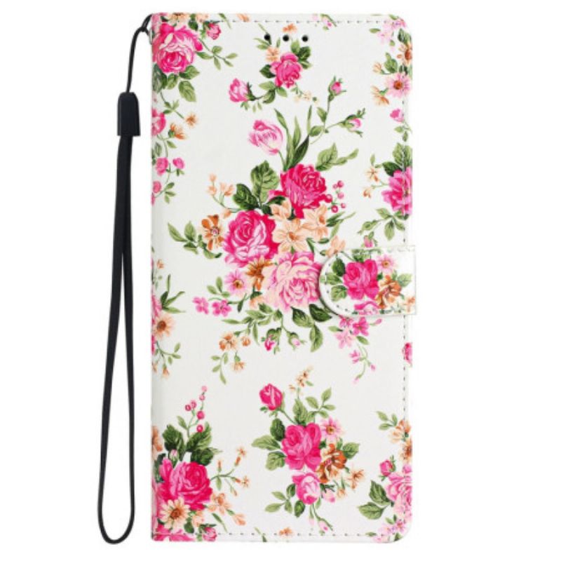 Folio-hoesje iPhone 16 Plus Telefoonhoesje Rode Bloemen Met Riem