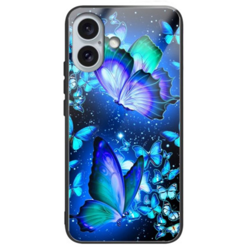 Hoesje iPhone 16 Plus Blauwe Vlinders Van Gehard Glas