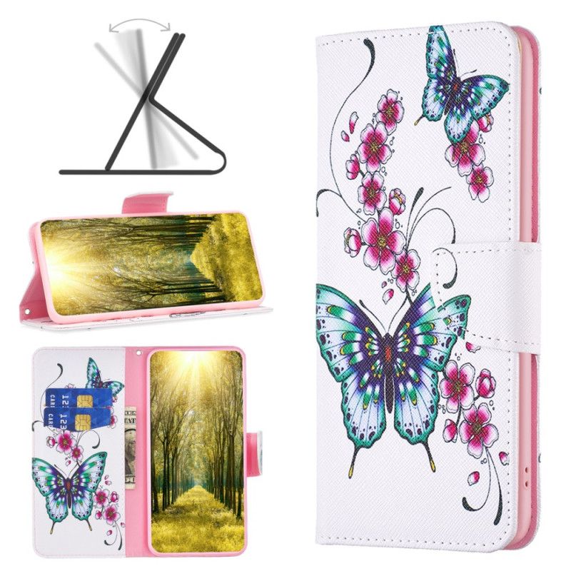 Leren Hoesje iPhone 16 Plus Bloemen En Vlinders Bescherming Hoesje