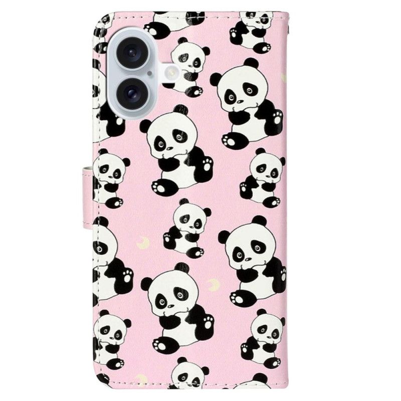 Leren Hoesje iPhone 16 Plus Lanyard Panda's Bescherming Hoesje