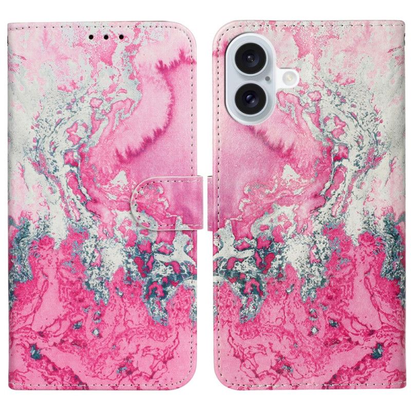 Leren Hoesje iPhone 16 Plus Marineroze Marmer Bescherming Hoesje