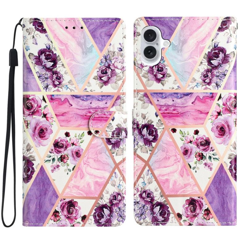 Leren Hoesje iPhone 16 Plus Marmer Paarse Bloemen Met Riem Bescherming Hoesje