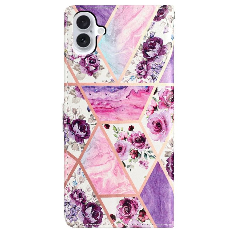 Leren Hoesje iPhone 16 Plus Marmer Paarse Bloemen Met Riem Bescherming Hoesje