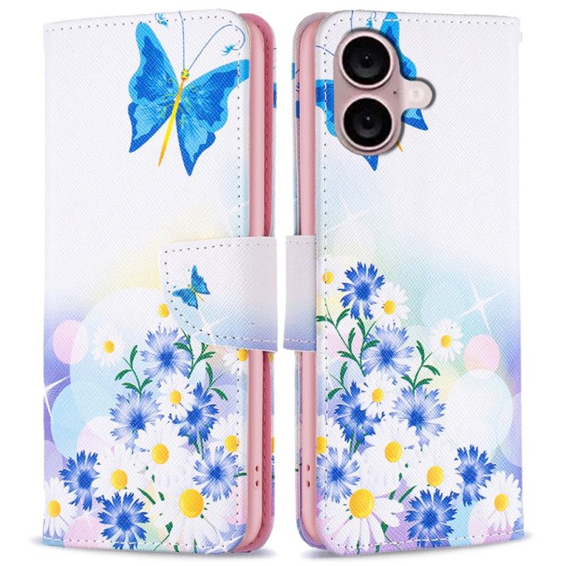 Leren Hoesje iPhone 16 Plus Patroon Met Vlinders En Bloemen