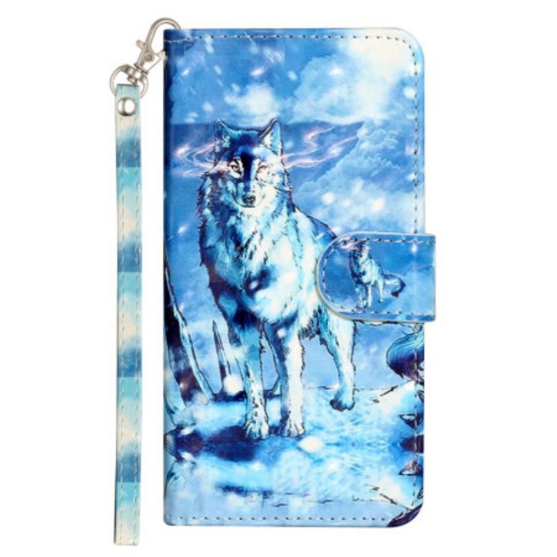 Leren Hoesje iPhone 16 Plus Sneeuwwolf Met Riem Bescherming Hoesje