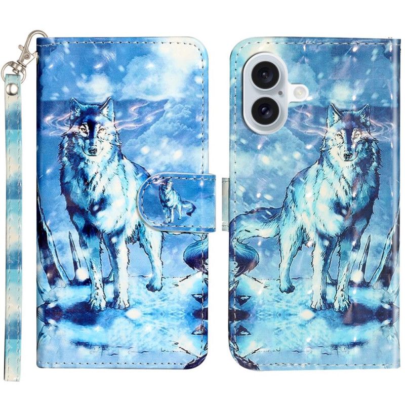 Leren Hoesje iPhone 16 Plus Sneeuwwolf Met Riem Bescherming Hoesje