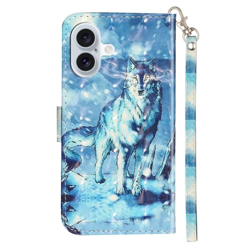 Leren Hoesje iPhone 16 Plus Sneeuwwolf Met Riem Bescherming Hoesje