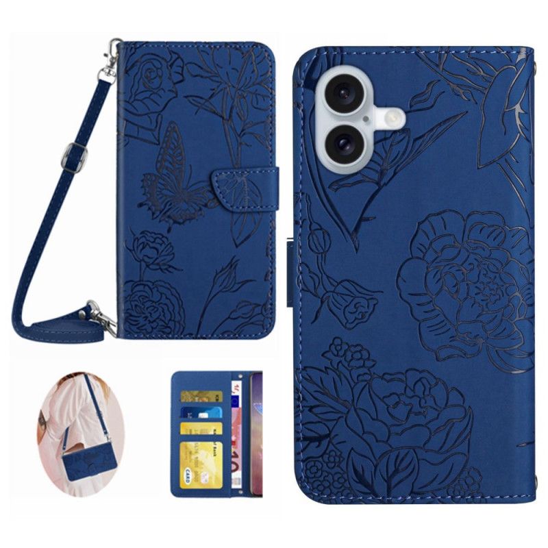 Leren Hoesje iPhone 16 Plus Vlinderprint Met Schouderband