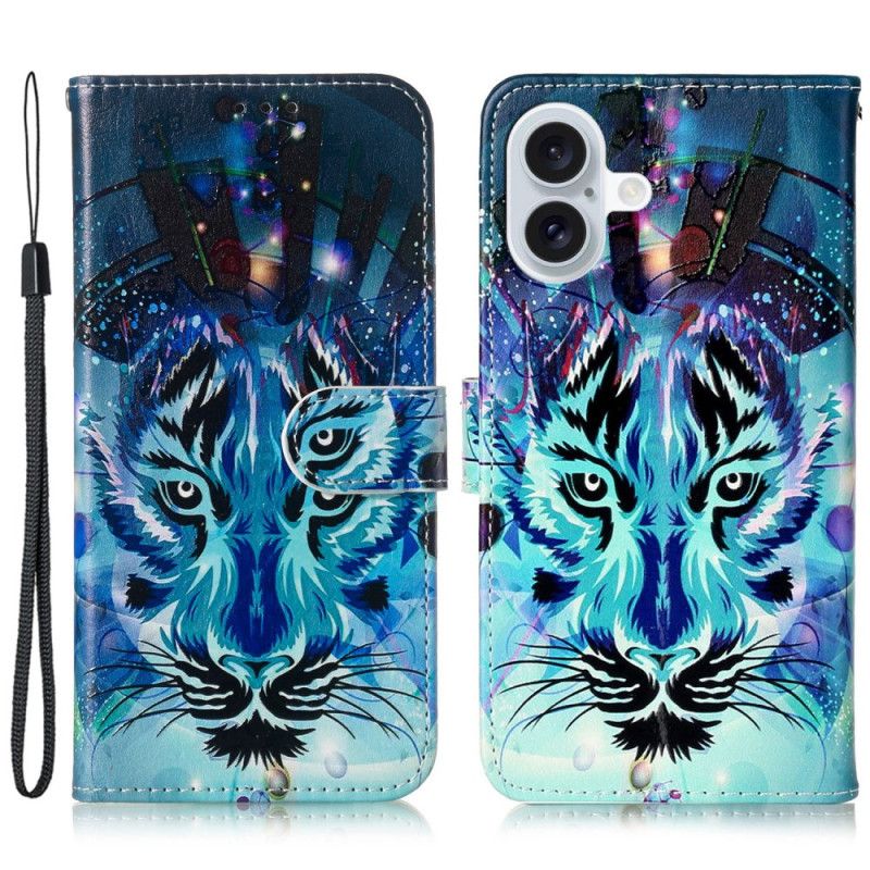 Leren Hoesje iPhone 16 Plus Wolf Met Riem Bescherming Hoesje