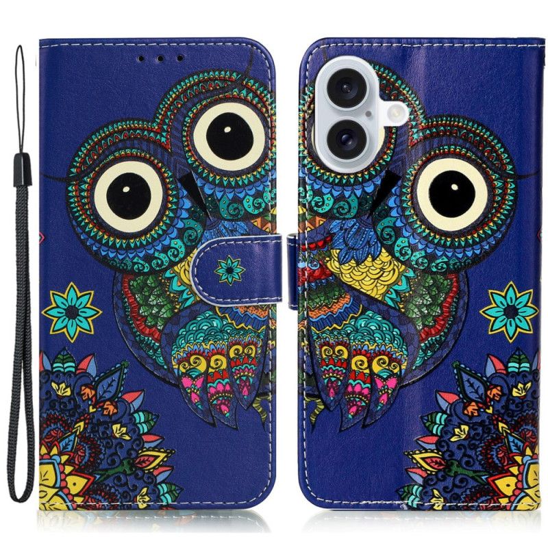 Leren Hoesje Voor iPhone 16 Plus Blauwe Uil Met Riem