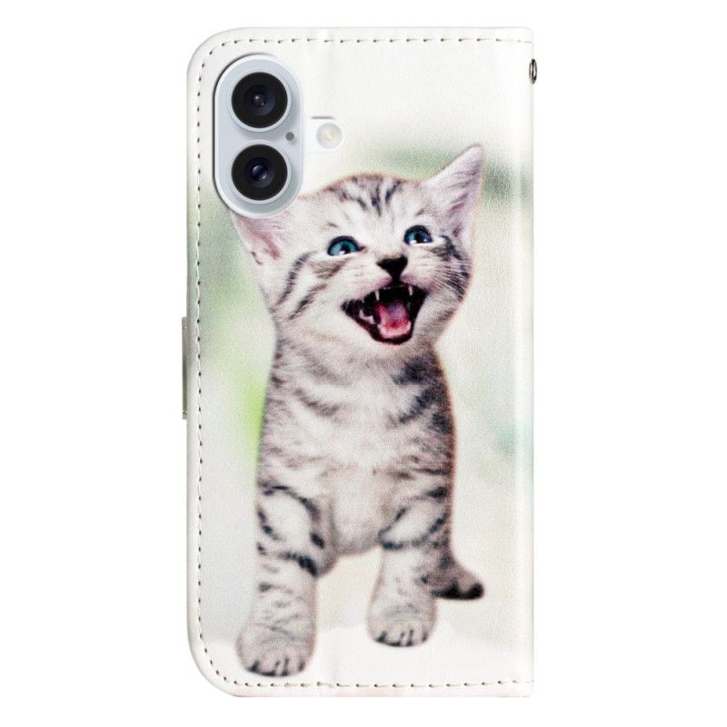 Leren Hoesje Voor iPhone 16 Plus Kleine Kat Met Riem