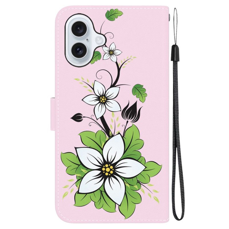 Leren Hoesje Voor iPhone 16 Plus Lelie Met Riempje