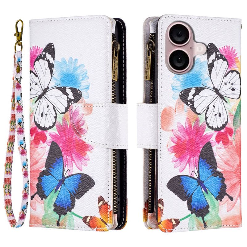 Leren Hoesje Voor iPhone 16 Plus Twee Vlinders Met Riem