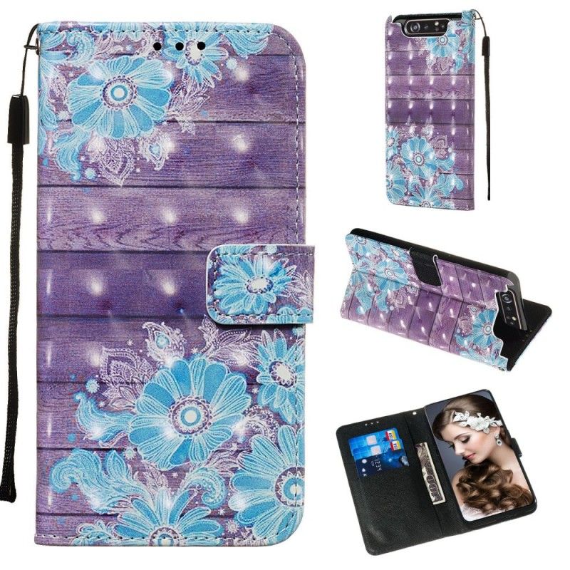 Leren Hoesje voor Samsung Galaxy A80 / A90 Blauwe Bloemen