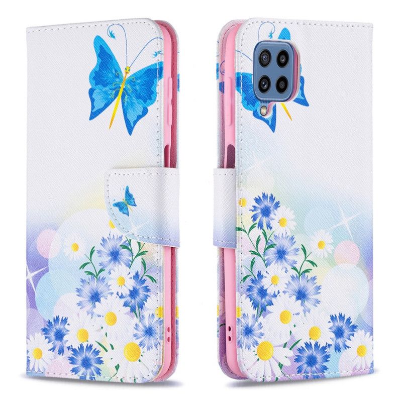 Flip Case Leren Samsung Galaxy M32 Geschilderde Vlinders En Bloemen