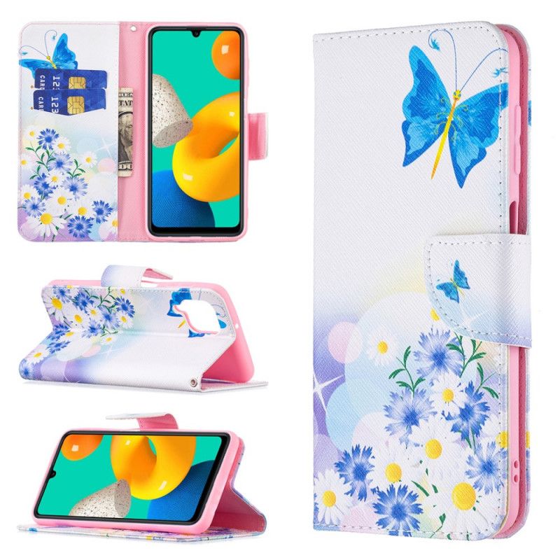 Flip Case Leren Samsung Galaxy M32 Geschilderde Vlinders En Bloemen