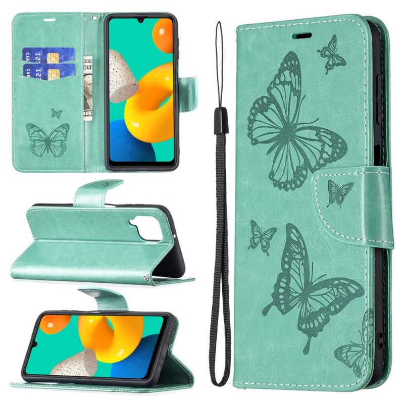 Leren Hoesje Samsung Galaxy M32 Vlinders Tijdens De Vlucht Met Lanyard Bescherming Hoesje