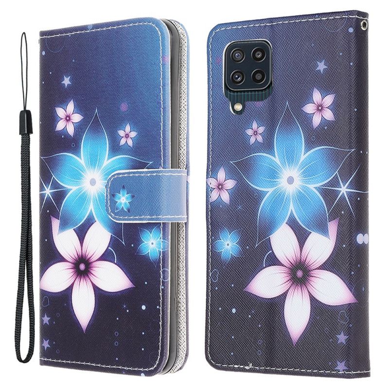 Leren Hoesje Voor Samsung Galaxy M32 Maanbloemen Met Riem