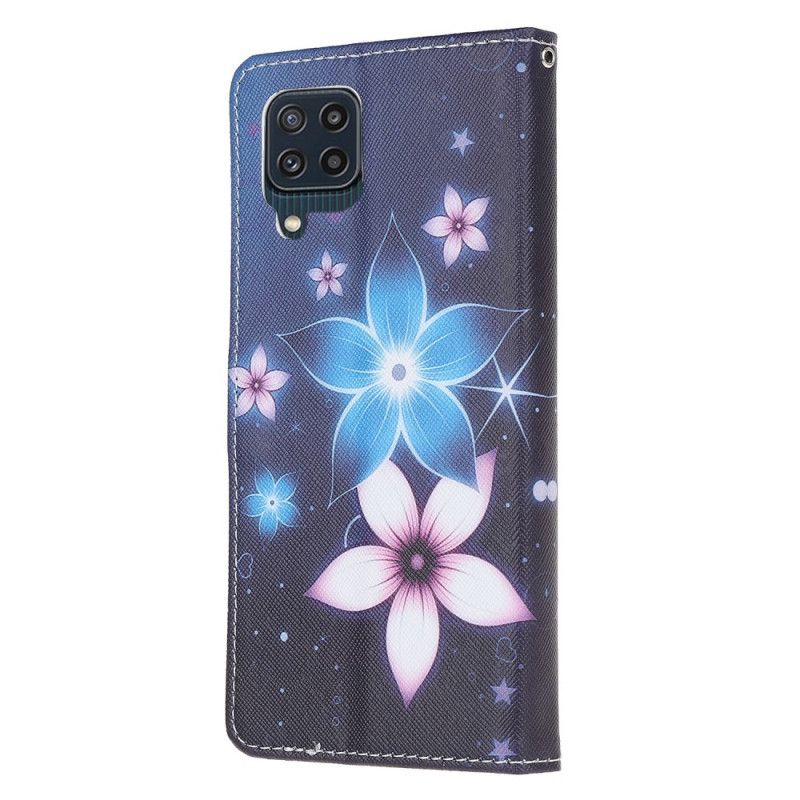 Leren Hoesje Voor Samsung Galaxy M32 Maanbloemen Met Riem