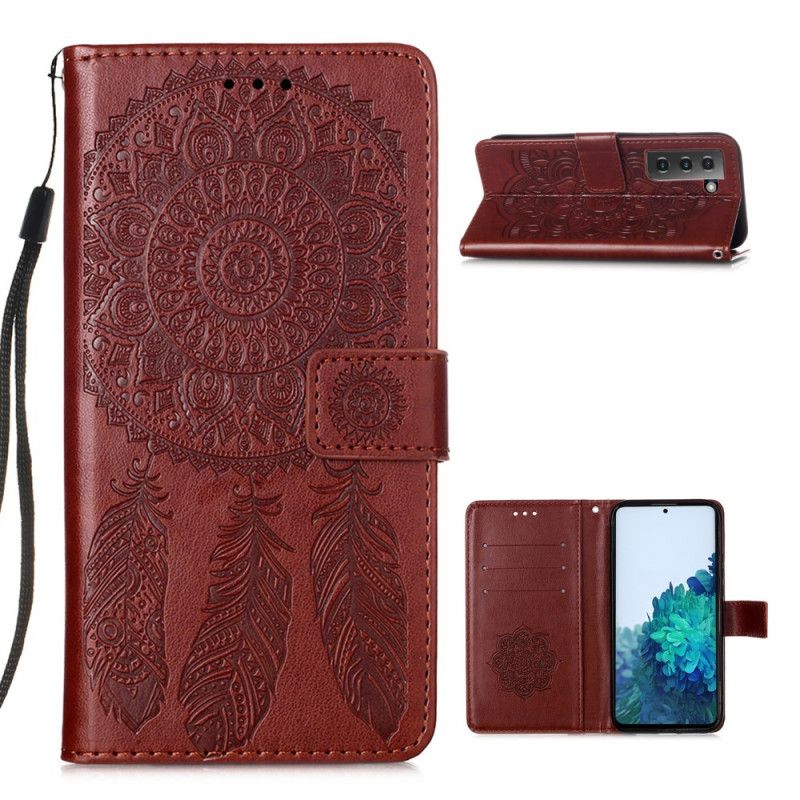 Cover Folio-hoesje Samsung Galaxy S21 Plus 5G Grijs Zwart Telefoonhoesje Dromenvanger Print En Riem