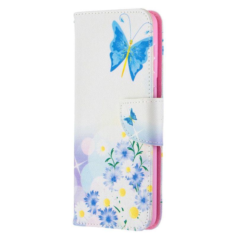 Cover Folio-hoesje Samsung Galaxy S21 Plus 5G Lichtblauw Magenta Telefoonhoesje Geschilderde Vlinders En Bloemen