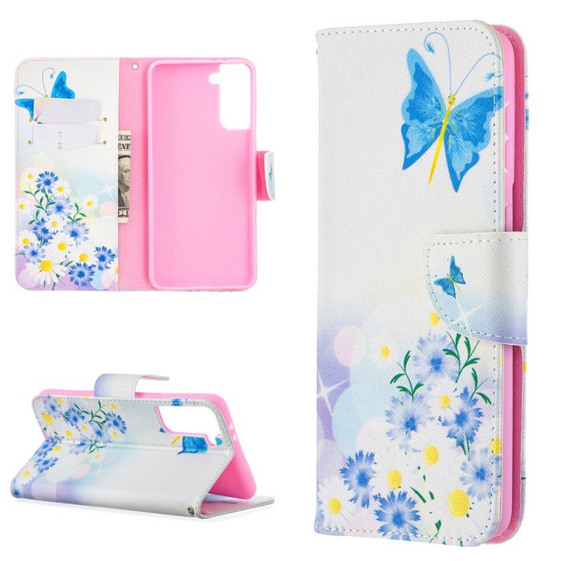 Cover Folio-hoesje Samsung Galaxy S21 Plus 5G Lichtblauw Magenta Telefoonhoesje Geschilderde Vlinders En Bloemen