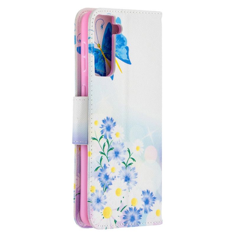 Cover Folio-hoesje Samsung Galaxy S21 Plus 5G Lichtblauw Magenta Telefoonhoesje Geschilderde Vlinders En Bloemen