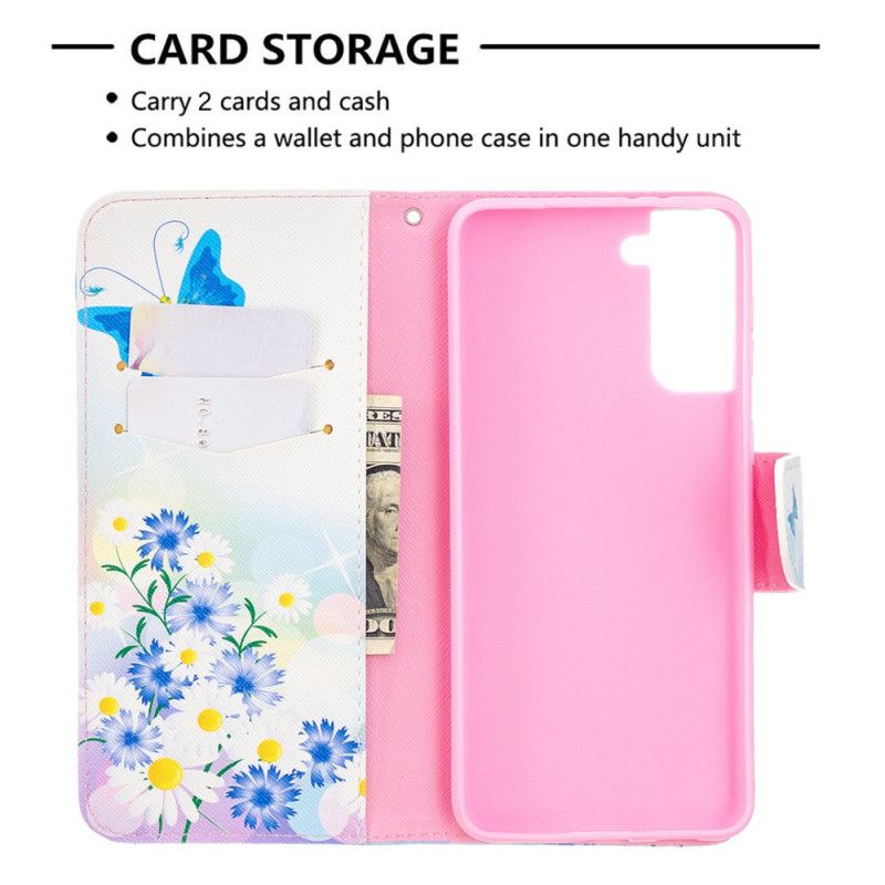 Cover Folio-hoesje Samsung Galaxy S21 Plus 5G Lichtblauw Magenta Telefoonhoesje Geschilderde Vlinders En Bloemen