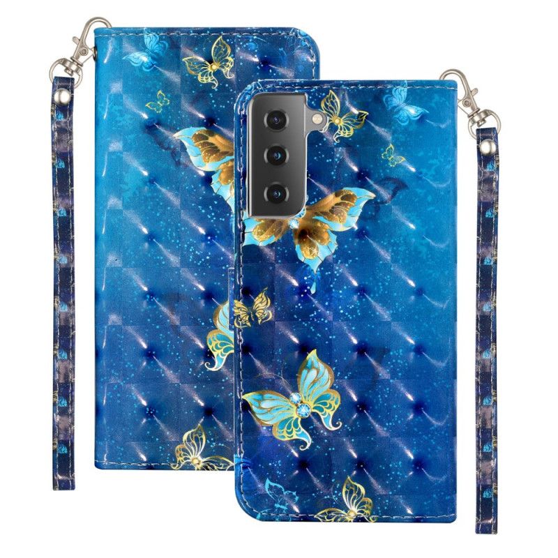 Cover Folio-hoesje Samsung Galaxy S21 Plus 5G Telefoonhoesje Lichtvlindervlinders Met Riempje