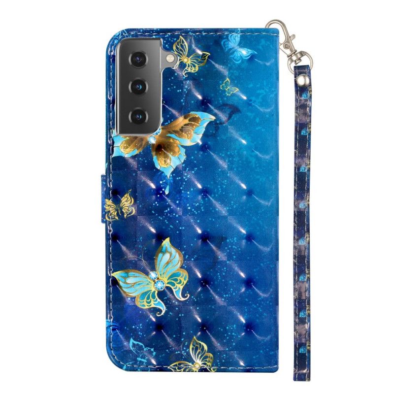 Cover Folio-hoesje Samsung Galaxy S21 Plus 5G Telefoonhoesje Lichtvlindervlinders Met Riempje