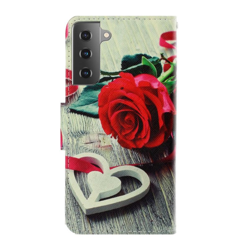 Cover Folio-hoesje Samsung Galaxy S21 Plus 5G Telefoonhoesje Romantische Roos Met String