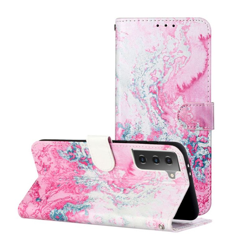 Flip Case Leren Samsung Galaxy S21 Plus 5G Magenta Zwart Marmer