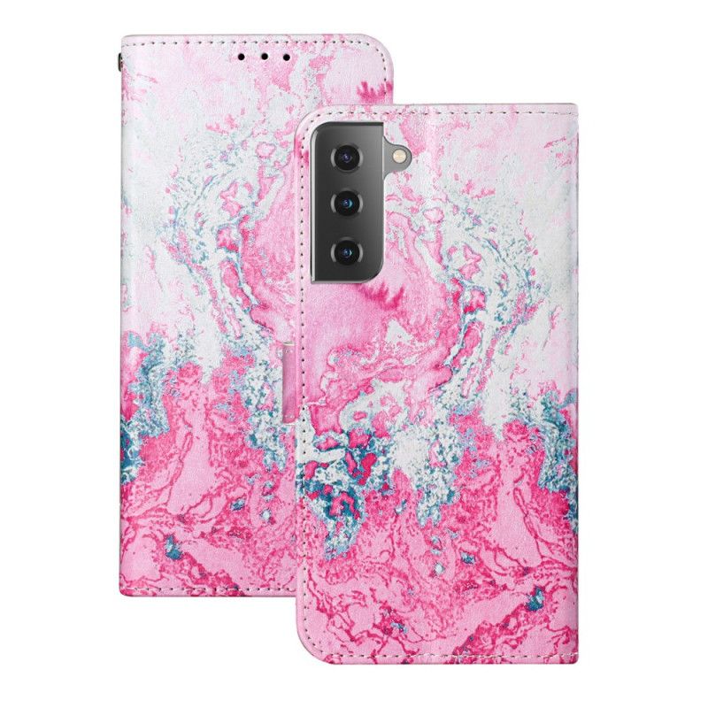 Flip Case Leren Samsung Galaxy S21 Plus 5G Magenta Zwart Marmer