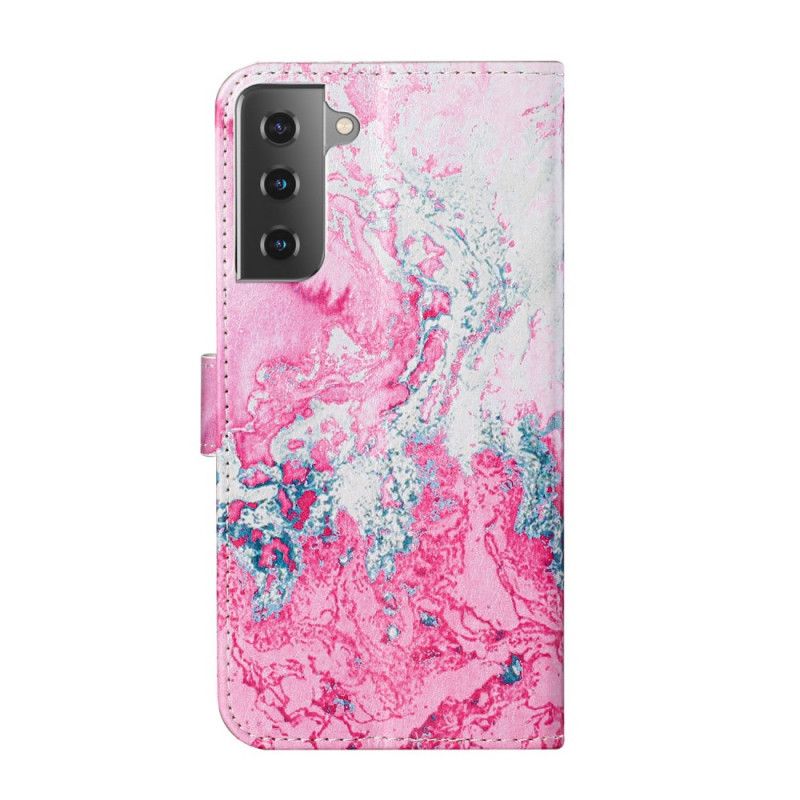 Flip Case Leren Samsung Galaxy S21 Plus 5G Magenta Zwart Marmer