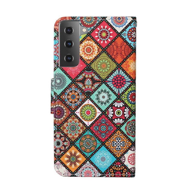 Flip Case Leren Samsung Galaxy S21 Plus 5G Patchwork Mandala'S Met String