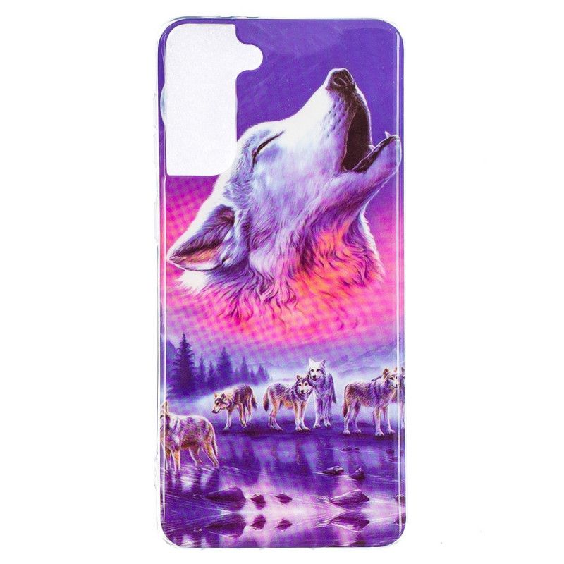 Hoesje Samsung Galaxy S21 Plus 5G Donkerblauw Zwart Serie Fluorescerende Wolven