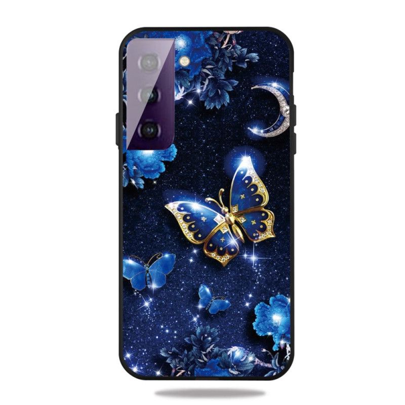 Hoesje Samsung Galaxy S21 Plus 5G Lichtblauw Donkerblauw Vlinder 'S Nachts