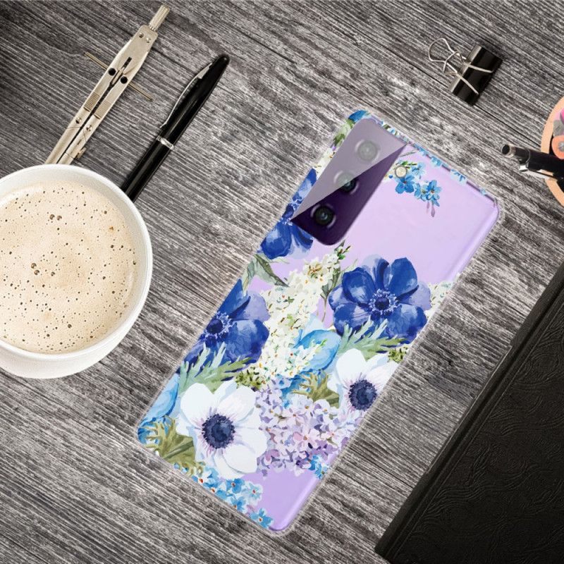 Hoesje Samsung Galaxy S21 Plus 5G Transparante Aquarelblauwe Bloemen